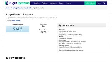 Intel Meteor Lake Core Ultra 7 1003H no PugetBench Lightroom Classic. (Fonte: PugetBench)