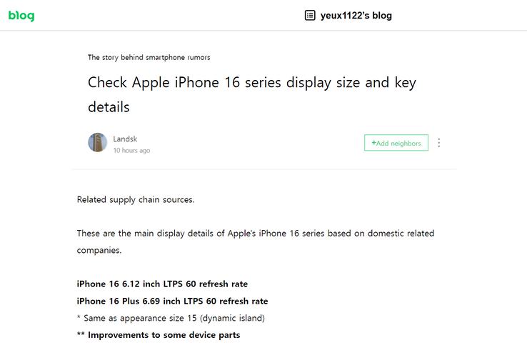 A última postagem do blog "iPhone 16-series display specs" (traduzida). (Fonte: Naver)