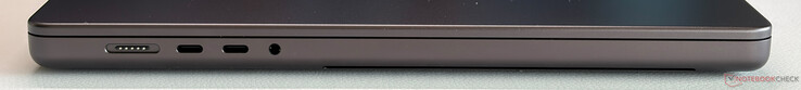 Esquerda: MagSafe, 2x USB-C 4.0 com Thunderbolt 5 (120 Gbps, DisplayPort 2.1, Power Delivery), áudio de 3,5 mm