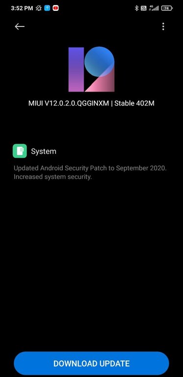 Atualização de setembro de 2020 para a Redmi Note 8 Pro.