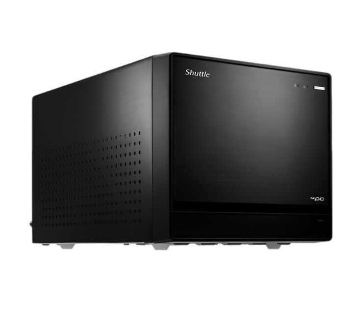 Esta imagem mostra outra visão frontal do Shuttle XPC Cube SFF PC, que parece uma caixa retangular preta 