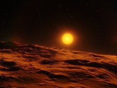 Uma ilustração mostrando um exoplaneta rochoso e uma estrela.