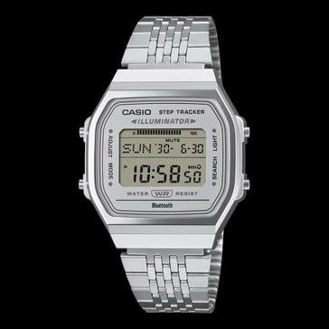 Casio ABL-100WE-7A com mostrador prateado, caixa prateada e pulseira prateada.