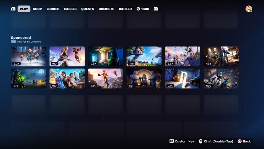 Uma captura de tela de uma seção patrocinada proposta no menu Descobrir do Fortnite. (Fonte da imagem: Epic Games)