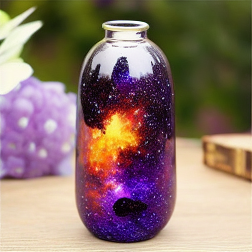 Um exemplo de imagem de saída de uma garrafa gerada por IA com uma galáxia dentro dela, mantida em uma mesa de madeira simples. (Fonte da imagem: AI Generated)