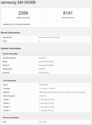 Listagem do Geekbench do Exynos 2500 com o protótipo Galaxy S25+ (fonte da imagem: Geekbench)