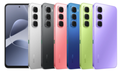 O Infinix Hot 60i vem nas cores preto elegante, prata titânio, azul sombra, vermelho neon, verde prado e roxo soul eye (Fonte da imagem: Infinix)