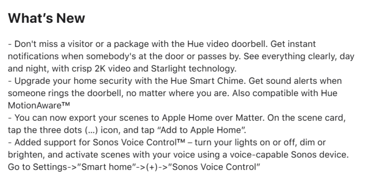 As notas de lançamento do aplicativo Philips Hue versão 5.52.0. (Fonte da imagem: Philips Hue)