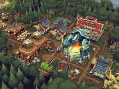Uma imagem mostrando edifícios no jogo Against the Storm, atualmente com 70% de desconto no Steam.