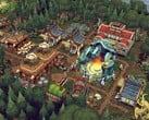 Uma imagem mostrando edifícios no jogo Against the Storm, atualmente com 70% de desconto no Steam.