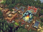 Uma imagem mostrando edifícios no jogo Against the Storm, atualmente com 70% de desconto no Steam.