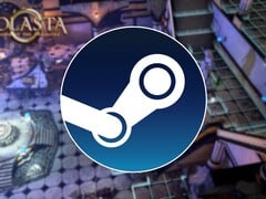 Uma imagem mostrando o logotipo do Steam e o jogo Solasta: Crown of the Magister, agora com 75% de desconto no Steam.