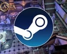Uma imagem mostrando o logotipo do Steam e o jogo Solasta: Crown of the Magister, agora com 75% de desconto no Steam.