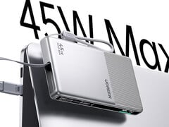 A nova bateria externa tem um ecrã pequeno na lateral. Na imagem: uma imagem promocional que destaca o suporte ao carregamento rápido de 45 W.