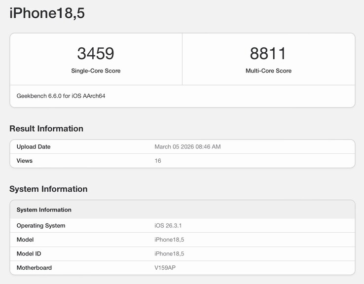 A listagem vazada do Geekbench para o iPhone 17e.