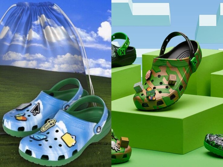 Crocs temáticos do Windows XP com bolsa de cordão Bliss ao lado de crocs da edição Minecraft (Fonte da imagem: Microsoft)