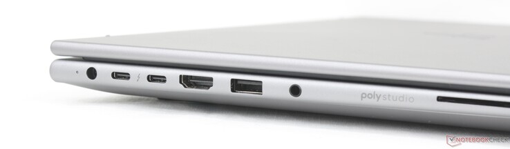 Esquerda: Adaptador de alimentação CA, 2x USB-C Thunderbolt 4 com DisplayPort 2.1 + Power Delivery (40 Gbps), HDMI 2.1, USB-A (5 Gbps), áudio combinado de 3,5 mm, leitor de cartão inteligente (opcional)