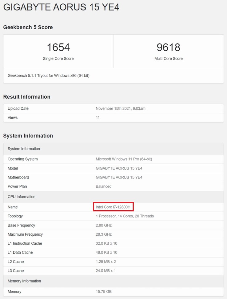 Intel Core i7-12800H. (Fonte de imagem: Geekbench)