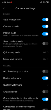 Camera app settings