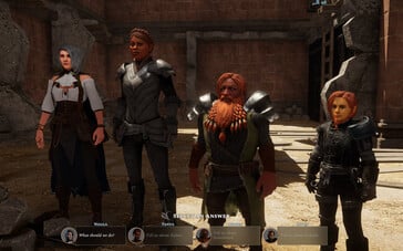 Uma imagem mostrando quatro personagens em Solasta: Crown of the Magister.