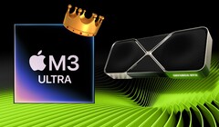 O SoC M3 Ultra da Apple brilha nos primeiros resultados do GFXBench, disputando espaço com as GPUs de desktop de ponta da Nvidia e da AMD. (Fonte da imagem: Apple, Nvidia, editado)