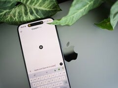 Smartphone com o aplicativo ChatGPT aberto, apoiado em um laptop ao lado de folhas de plantas