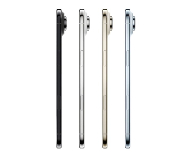 Vista de perfil lateral de quatro modelos do iPhone Air Apple nos acabamentos preto, branco, dourado e azul (Fonte da imagem: Apple)