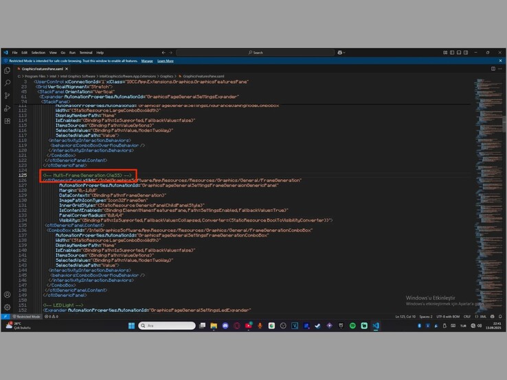 Arquivo da unidade Intel Arc mostrando o código de geração de vários quadros. (Fonte da imagem: Organic-Bird-587 no X)