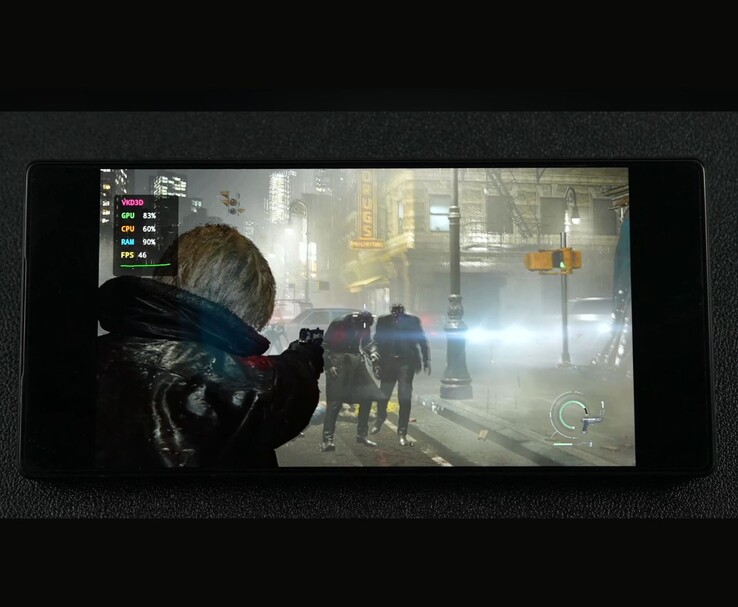 Resident Evil Requiem em execução em Android por meio de emulação de PC, mostrando desempenho de jogabilidade externa em torno de 45 FPS.