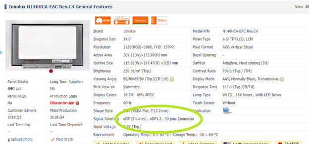 Observando a parte traseira do painel do nosso laptop, obtemos seu nome exato: N140HCA-EAC Rev. C4. Ele tem uma entrada eDP 1.2 de 30 pinos e 2 canais, de acordo com o Panelook (Fonte da imagem: captura de tela)