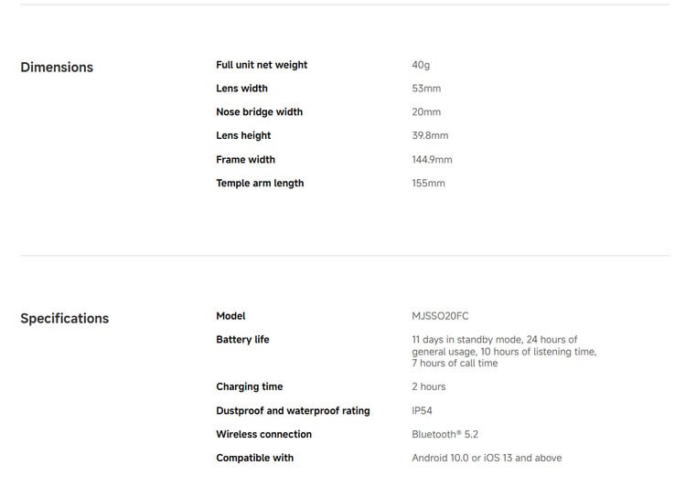 Especificações completas do Smart Audio Glasses (Fonte da imagem: Xiaomi)