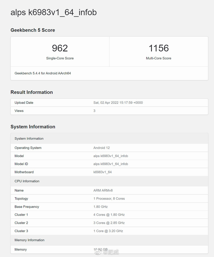 Dimensidade 9000 overclocking no Geekbench (imagem via Weibo)