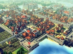 Uma imagem que mostra uma cidade e vários edifícios no jogo “Kingdoms and Castles”.