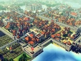 Uma imagem que mostra uma cidade e vários edifícios no jogo “Kingdoms and Castles”. 