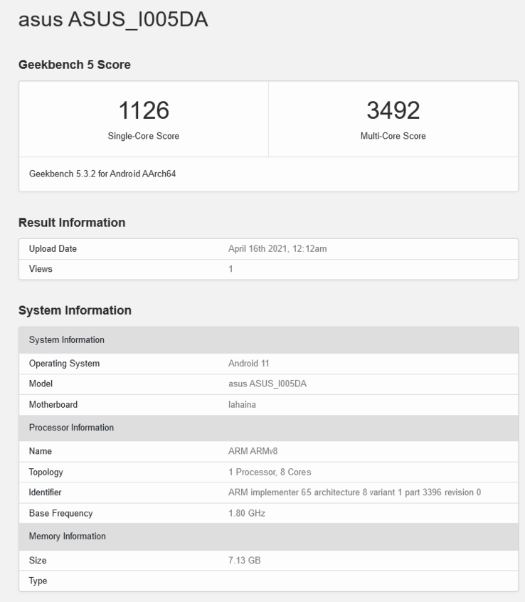 ASUS ZenFone 8 Mini 8GB RAM variante (imagem via Geekbench)