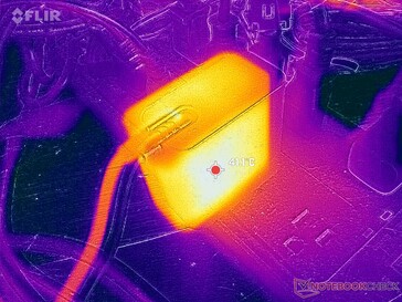 O adaptador CA atinge mais de 41 °C ao operar cargas exigentes