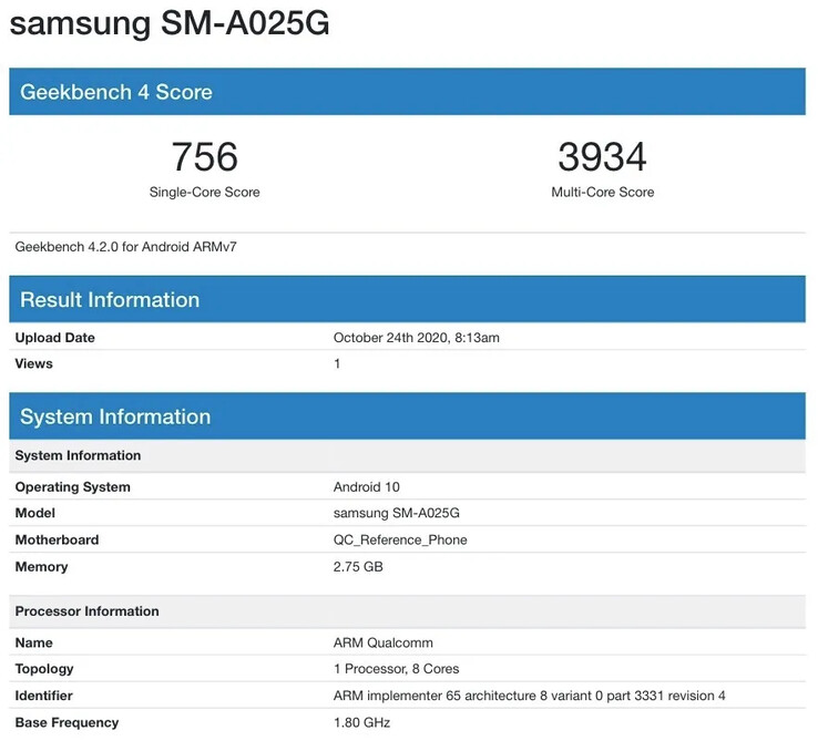 O "Galaxy A02s" no Geekbench. (Fonte: Geekbench via MySmartPrice)