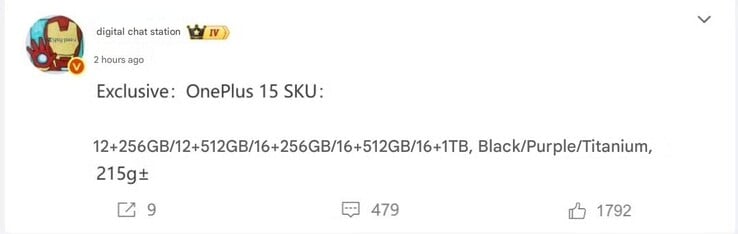 Vazaram as configurações de memória e as opções de cores do OnePlus 15. (Fonte da imagem: Weibo - tradução automática)