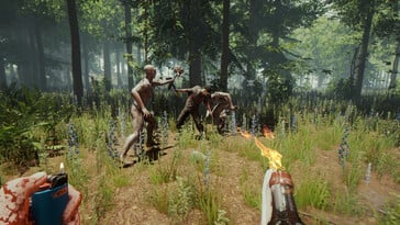 Uma imagem que mostra uma luta em The Forest.