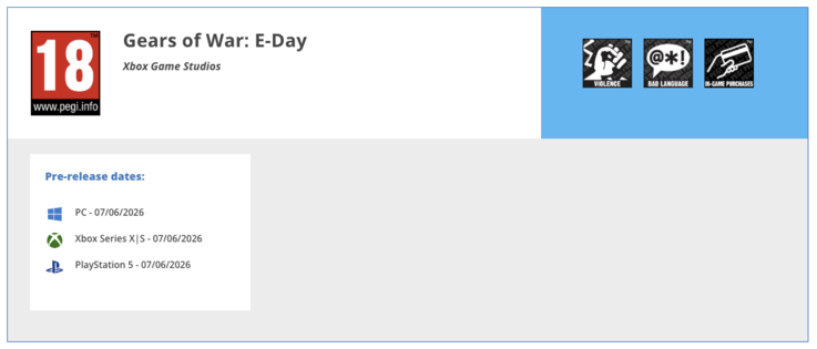 Classificação de Gears of War: E-Day no site PEGI.