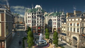 Uma imagem mostrando uma cidade moderna e edifícios em Anno 1800.