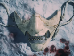 A máscara de Atsu do trailer do PlayStation State of Play de Ghost of Yotei (fonte da imagem: PlayStation YT)