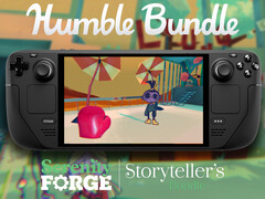 Todos os jogos da coleção Serenity Forge podem ser adquiridos por um pagamento mínimo de US$ 12. Na foto: Steam Deck executando Smile For Me. (Fonte da imagem: Humble Bundle e Steam - editado)