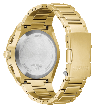 Vista traseira do Citizen Promaster Skyhawk A-T JY8144-50E, mostrando o fundo da caixa em aço inoxidável com as marcas Promaster e Eco-Drive.