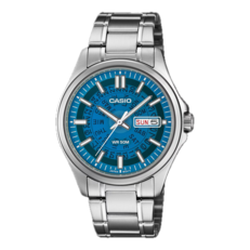 Casio MTP-E740-2A2V com mostrador translúcido em azul brilhante.