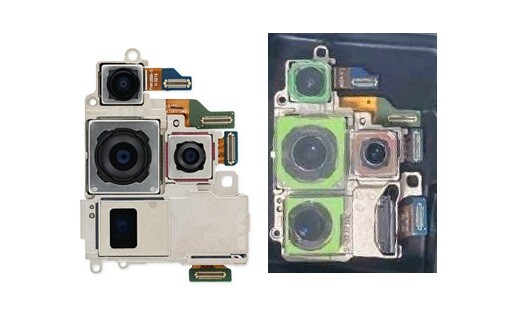 O módulo da câmera Samsung Galaxy S23 Ultra (à esquerda) em comparação com a imagem vazada da câmera quádrupla Galaxy S24 Ultra.