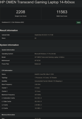 Ultra 5 125H (Fonte da imagem: Geekbench)