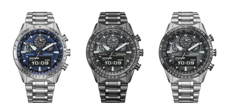 Da esquerda para a direita, o Citizen Promaster Sky JV2000-51L, JV2005-58E e JV2006-55H. (Fonte da imagem: Citizen)