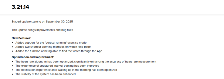 As notas de lançamento da versão 3.21.14 do software para o Suunto Run. (Fonte da imagem: Suunto)