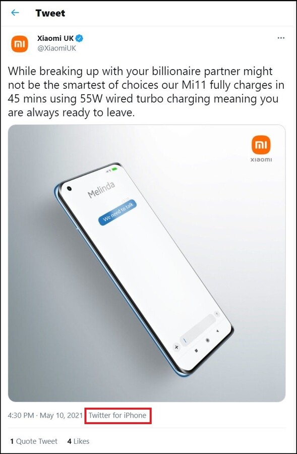 Xiaomi Mi 11 tweet de cobrança enviado de um iPhone. (Fonte da imagem: @XiaomiUK via @MaxWinebach)